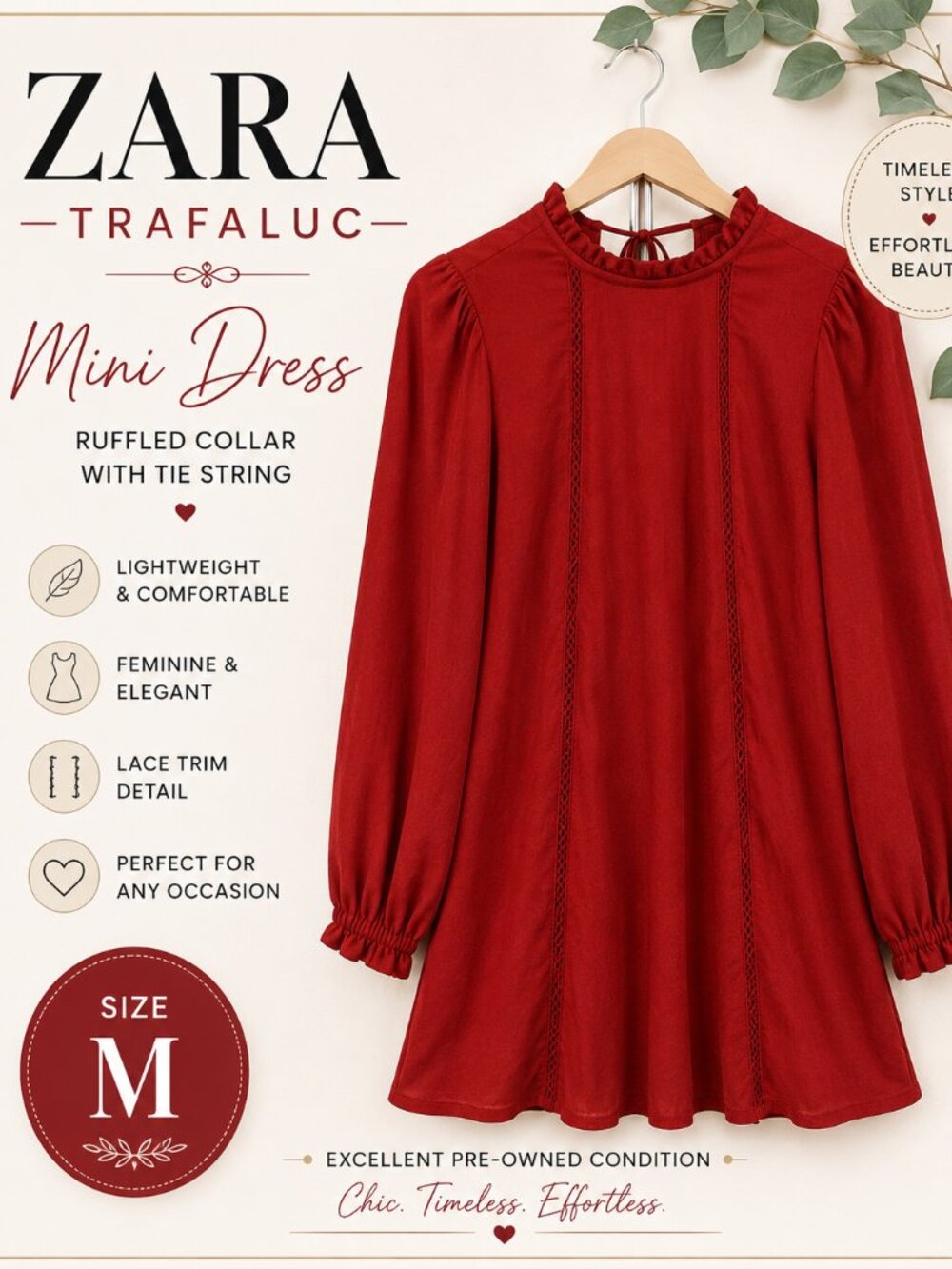 ZARA Trafaluc Red Long Sleeve Mini Dress Size Medium - Picture 4 of 7